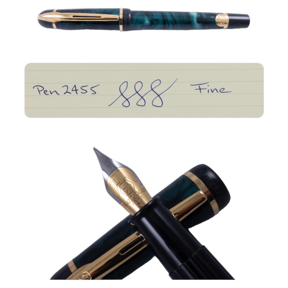 WATERMAN PHILEAS GREEN MARBLE FOUNTAIN PEN BI COLOR F VINTAGE